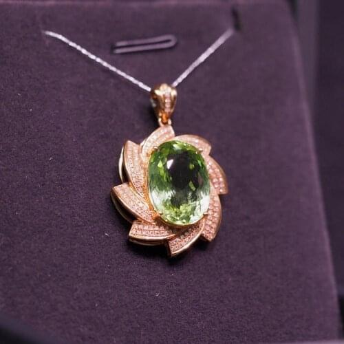 Y324 Fine Jewelry Real 18K Gold 100% Natural 12.8ct Green Tourmaline Female Diamonds Gemstone Diamond Womens Pendants Necklaces