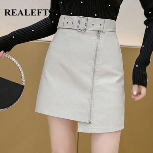 REALEFT Irregular Faux PU Leather Women Short Skirt with Belted 2021 New Autumn Winter High Waist Office Wrap Sexy Mini Skirts
