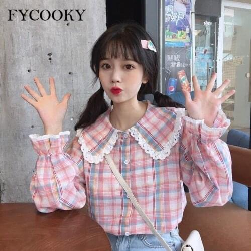 Sweet Peter Pan Collar Shirts Women 2021 New Korean College Style Loose Plaid Blouses Kawaii Long Sleeve Sunscreen Clothing