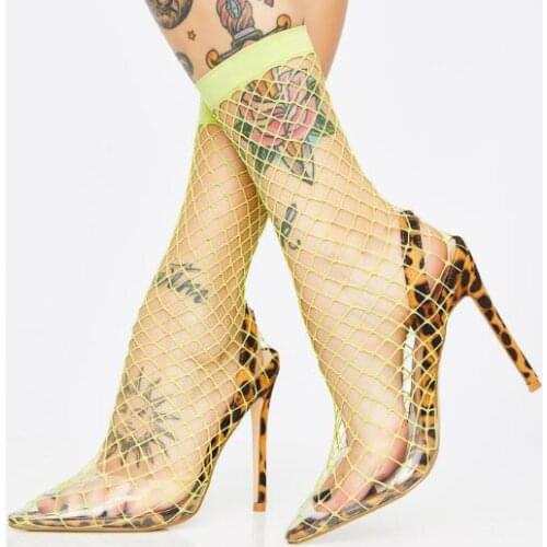 Moraima Snc Newest Thin Heels Woman Shoes Pointed Toe Leopard Printed High Heel Sandal Boots Mesh Grid Cutouts Dress Shoes