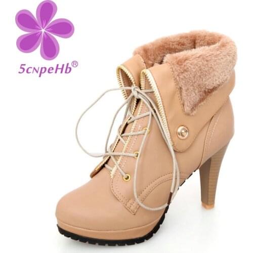 2020 Winter Womens Warm Boots Round Toe Shoes Sweet Stiletto Heel Lace-Up Ankle Bare Booties Fashion Leisure Soft Thick Fur