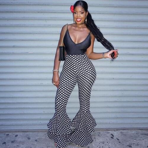 Vintage Streetwear Bottoms 2018 Sexy Women Double Ruffles Polka Dot Flare Trousers High Waist Female Casual Pants Best Quality