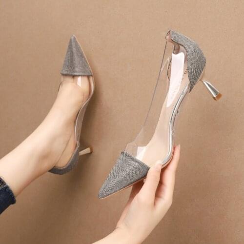 Womens Shoes Pointed Toe Sequined Glittering Transparent Color Metal Mid-Heel 6cm Elegant Dress Shoes Silver/Pink High Heels