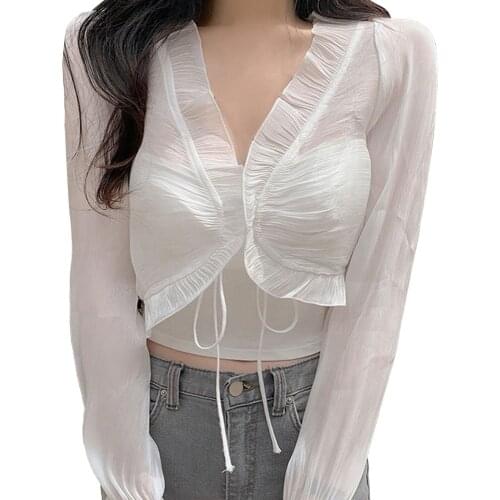 2021 New Womens Tie-up Crop Tops Sexy Long Sleeve V Neck Solid Color Ruffle Trim T-Shirts