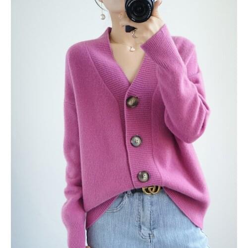 Spring and Autumn Cardigan Womens Knitted 100% Pure Wool Cardigan Womens Sweater V-neck Button Loose Large Size Jacket