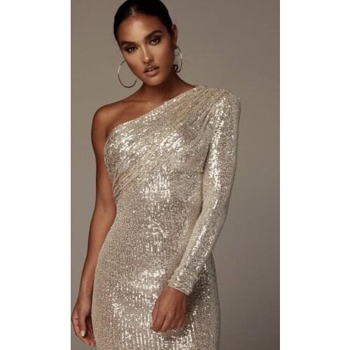 DEIVE TEGER Sexy One Shoulder Long Sleeve Sequined Beadings Vestidos Evening Party Celebrity Fall Winter Womens Dress 8394
