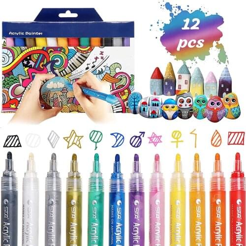 12 Pack Acrylic Paint Pens for Rock Painting,Ceramic,Glass,Wood,Fabric,Canvas,Mugs,DIY Scrapbooking & Card Craft Making Supplies