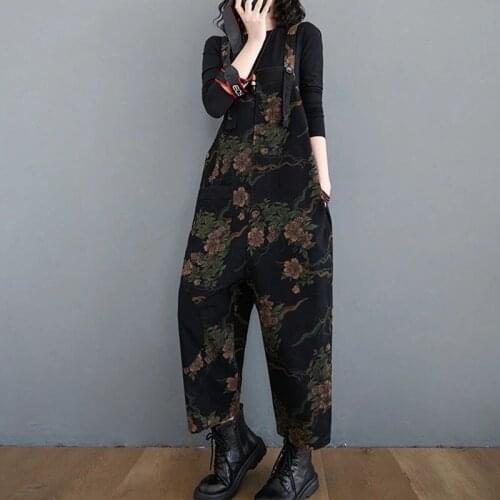 2021 Spring Women Denim Jumpsuit Big Size Suspenders Vintage Floral Overalls Pocket Streetwear Casual Loose Female Jeans Rompers