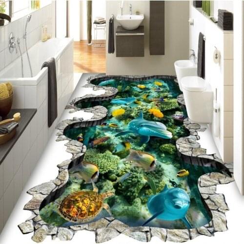 Free Shipping Realistic Underwater world floor painting bathroom kitchen non-slip self-adhesive floor wallpaper mural