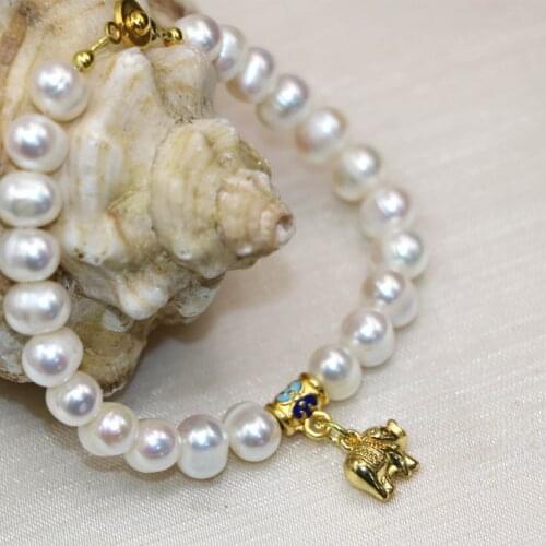 Natural white 8-9mm pearl beads charms bracelet for women weddings party gift cloisonne high grade fashion jewelry 7.5inch B2982