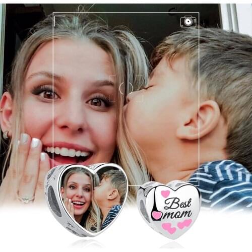 ELESHE Real 925 Sterling Silver Best Mom Heart Charm Custom Photo Bead Fit Original Bracelet DIY Jewelry For Mothers Day Gift