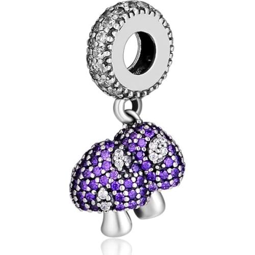 CKK 925 Sterling Silver Siamese Mushroom Twins Charm, Fits for Bracelet Charms for Jewelry Making Gift Purple CZ