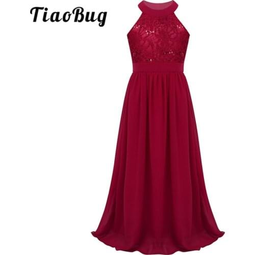 TiaoBug Kids Sleeveless Halter Sequins Embroidery Lace Flower Girl Dresses Princess Pageant Wedding Party Holy Communion Dress