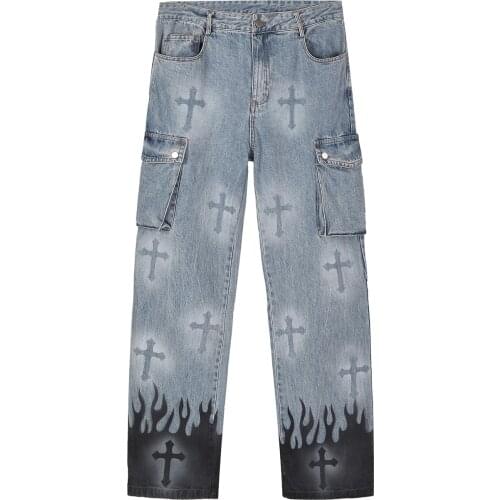Harajuku Hip Hop Denim Pants Men Streetwear Flame Cross Color Block Jeans Casual Pants Joggers Trousers Multi Pockets