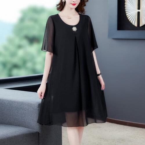 Elegant Solid Short Sleeve Summer Dress Casual O Neck Chiffon A Line Women Dress Plus Size Vintage Party Midi Vestidos Y888