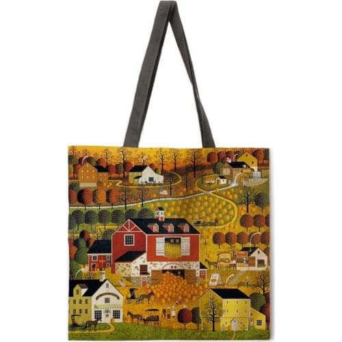 Country Oil Painting Handbag Linen Fabric Bag Leisure Folding Shopping Bag Outdoor Beach Bag Daily Handbag