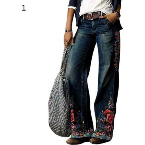 50% Hot Sale Hot Denim Pants Women Long Straight Wide Leg Casual Retro High Waist Wide Leg Floral Print Jeans Pants Trousers