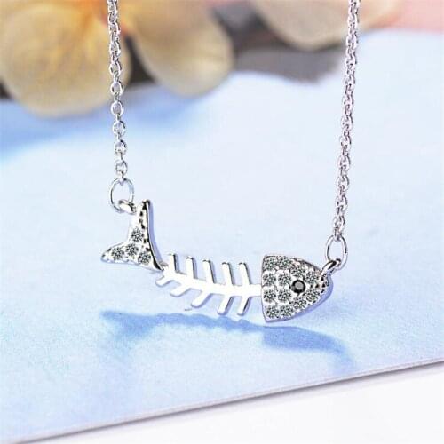 Cute Exquisite Korean Fashion 925 Sterling Silver Jewelry Personality Fish Bones Crystal Clavicle Chain Pendant Necklaces N143