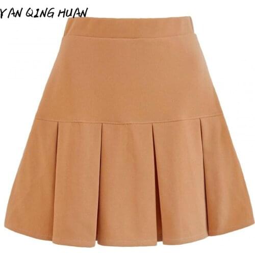 Europe And America Women High Waist Pleated Skirt Sweet Cute Dance Pure Color Wild Summer Fashion Elastic Waist Mini Skirts