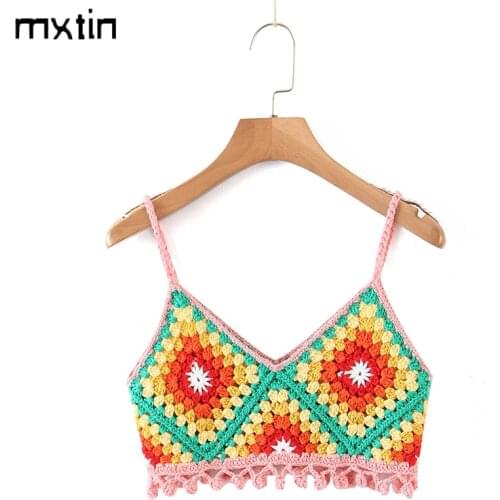 MXTIN 2021 Women Summer Vintage Crochet Cropped Tank Tops Fashion V-Neck Sleeveless Backless Plaid Female Camis Chic Tops Mujer