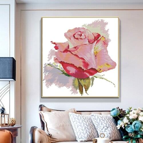A pink rose cross stitch kit 14ct 11ct white cloth printed cloth handmade DIY needlework home embroidery decoration paintings