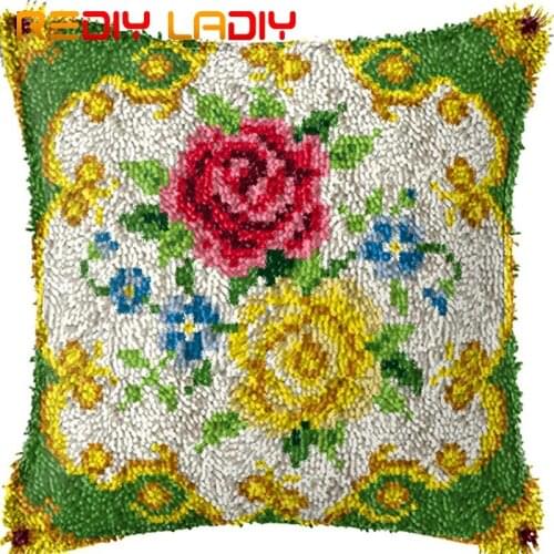 Latch Hook Kits Make Your Own Cushion Flowers Rose Printed Canvas Crochet Pillow Case Latch Hook Cushion Cover Hobby & Crafts