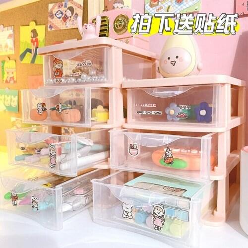 Kawaii Large Capacity Transparent Drawer Type Desktop Organizer Desk Storage Box Pen Holder School Cute Office Stationery