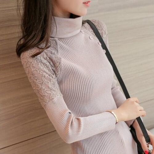 Turtleneck sleeve head dress Korean new winter sweater slim lace stitching short sleeved shirt
