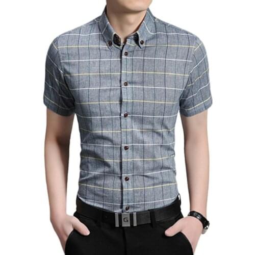 Grey Classic Plaid Shirt for Men Long Sleeve Turtleneck Cotton Shirts Fashion Fit Mens Top Camisa Large Size S-5XL