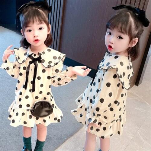 Dots Children Spring Summer Lace Collar Dress Baby Girls Dresses Trendy Kids Long Sleeve Ruffle Special Occasion High Quality