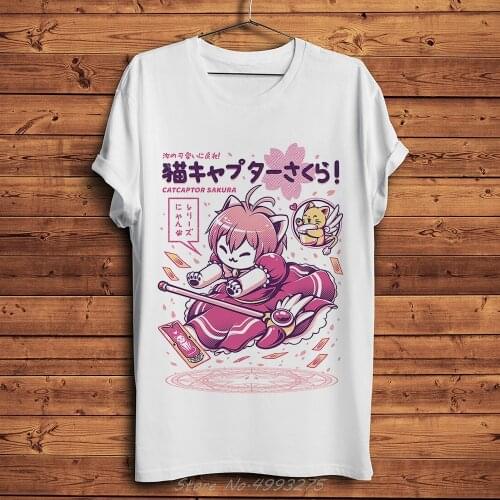 Card Captor KINOMOTO SAKURA Meow Cat Funny Anime Tshirt Men White Short Casual O-neck Kawaii Unisex Harajuku Streetwear T Shirt