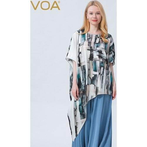 VOA Silk Printed Stretch Satin Round Neck Tops Bat Sleeves Asymmetrical Wide Cover Meat Slippery Harajuku Woman Tshirts BE697