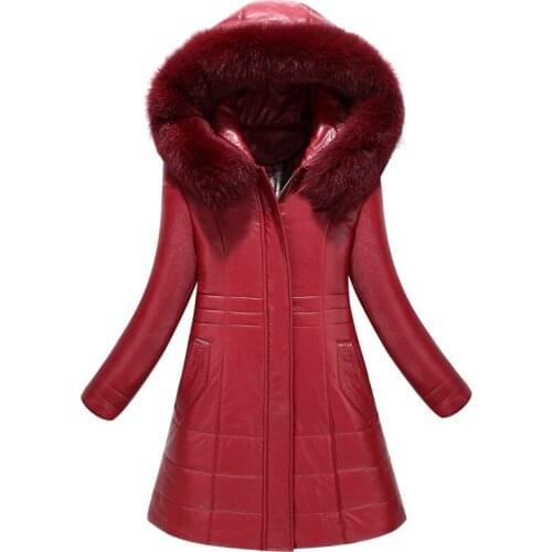 Women Winter Long Leather Jacket L-8XL Hooded Parkas New Ladies Real Fox Fur Collar Thicken Camel-Padded Coat Female Outerwear