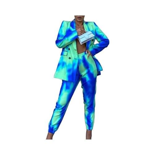 Fashion suit set women summer autumn New Casual Tie Dye Long Sleeve Loose Blazer women + High Waist Pants Two Piece Set Female