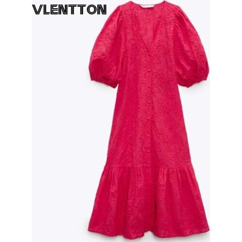 New Summer Women Chic Embroidery Cotton Midi Dress Sexy V-Neck Hollow Out A-Line Party Dresses Ladies Vestidos Robe Mujer