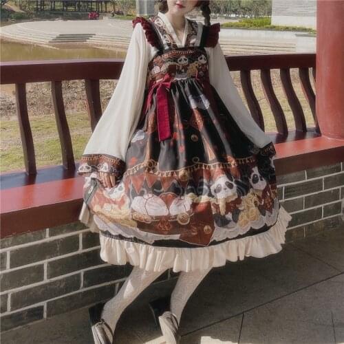 Panda Ingot Chinese Style Sweet Womens Lolita JSK Dress + White Chiffon Flare Sleeve Shirt Sleeveless Suspender Dress One Piece