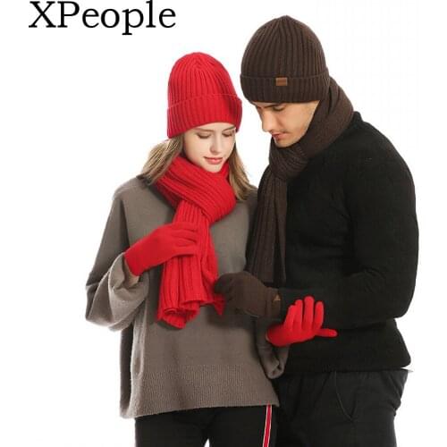 XPeople Winter Knit Beanie Hat Neck Warmer Scarf and Touch Screen Gloves Set 3 Pcs Fleece Lined Skull Cap for Men Women