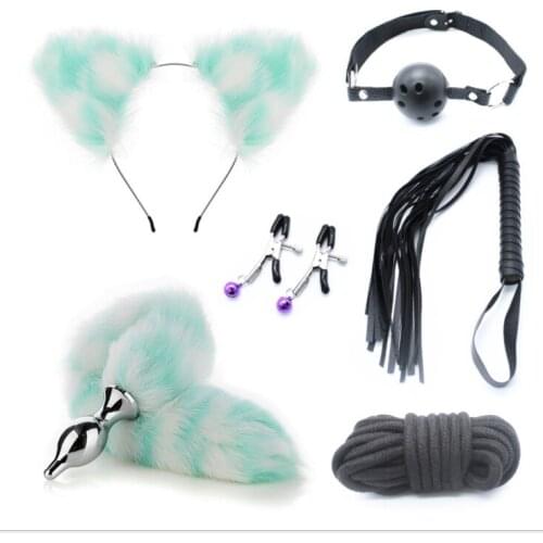 BDSM Sex Toys Suit Foxtail Anal plug Mask Headband Handcuffs Nipple Clamps Sticker Whip Mouth Plug Sexy Panties for Woman
