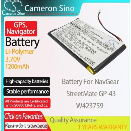 CameronSino Battery for NavGear StreetMate GP-43 fits NavGear W423759 GPS,Navigator battery 1200mAh 3.70V Li-Polymer Black
