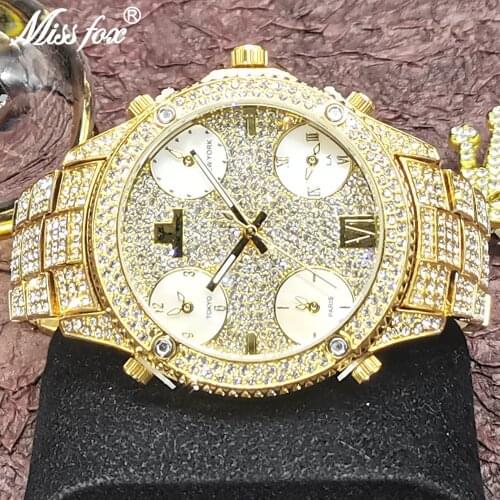 New Hip Hop MISSFOX Gold Mens Watches 51MM Big Face Iced Out Top Brand Luxury Diamond Business Waterproof Quartz Wristwatches