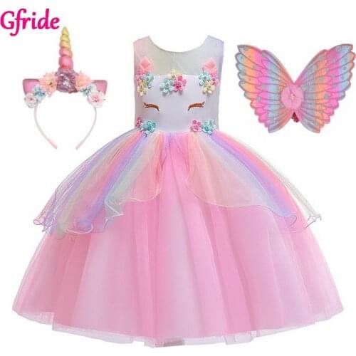 Girls Unicorn Costumes Kids Flowers Tutu Unicorn Dress Withe Headband Wings Princess Fancy Birthday Theme Party Costumes Pink