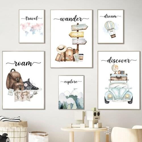 Travel Bag Car World Map Explore Mountain Nordic Posters And Prints Canvas Painting Cartoon Wall Art Pictures Kids Room Decor