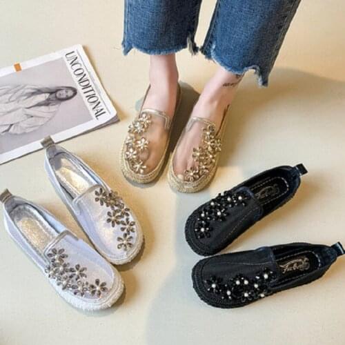 Summer Fashion Solid Color Flowers Soft Sole Comfortable Crystal Mesh Breathable Ladies Casual Shoes Single Shoes
