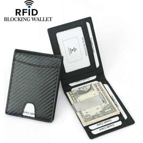 New RFID Blocking Slim Carbon Fiber Leather Wallet With A Clip Men ID Card Holder Front Pocket Bifold Male Metal Clamp For Money