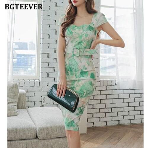 BGTEEVER Vintage Square Collar Women Floral Pencil Midi Dress Summer Short Sleeve Belted Ladies Split Bodycon Dress Vestidos