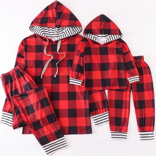 Girlymax Christmas Winter Baby Girls Children Clothes Mommy &Kids Plaid Hoodie Boutique Loungewear Pants Sets Kids Clothing