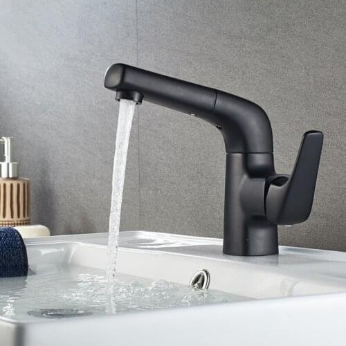 Bathroom Basin Faucets Brass Hot & Cold Pull Out Spray Nozzle Sink Mixer Tap Single Handle Deck Mounted Black/Chrome Faucet