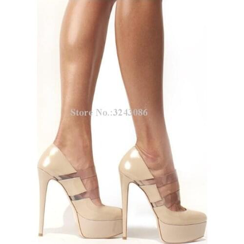 Women Nude Color Platform High Heels Shoes Fashion PVC Straps Stiletto Heel Pumps Shoes Lady Large Size Single Shoes Dropship
