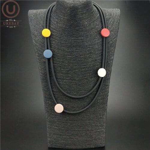 UKEBAY New Multicolor Wood Pendant Necklace Women Handmade Choker Necklaces Bohemia Rubber Jewelry Accessories Elasticity Chain