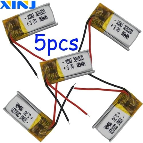 XINJ 5pcs 3.7V 80mAh Li-Po Polymer Battery 301020 For 3D classes mp3 Record pen bluetooth earphone speaker smart watches Camera
